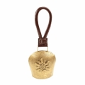 Glocke antik gold mit Lederriemen  Edelweiß 11cm